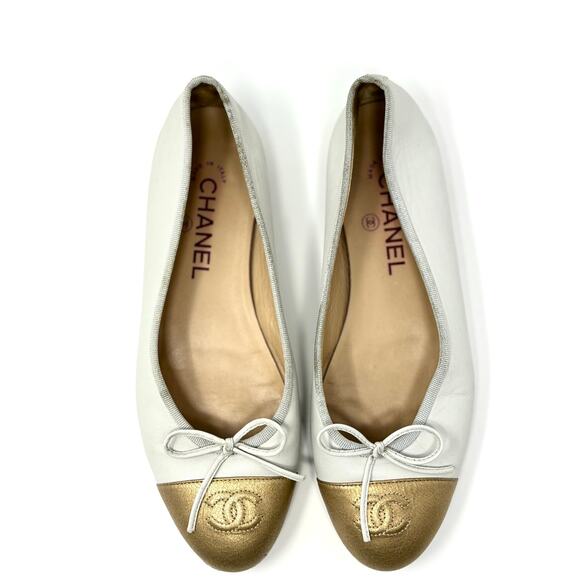 Chanel CC Cap Toe Ballet Flats Classic Kidskin Leather Cream Gold Bow EU 37.5 - Picture 1 of 15